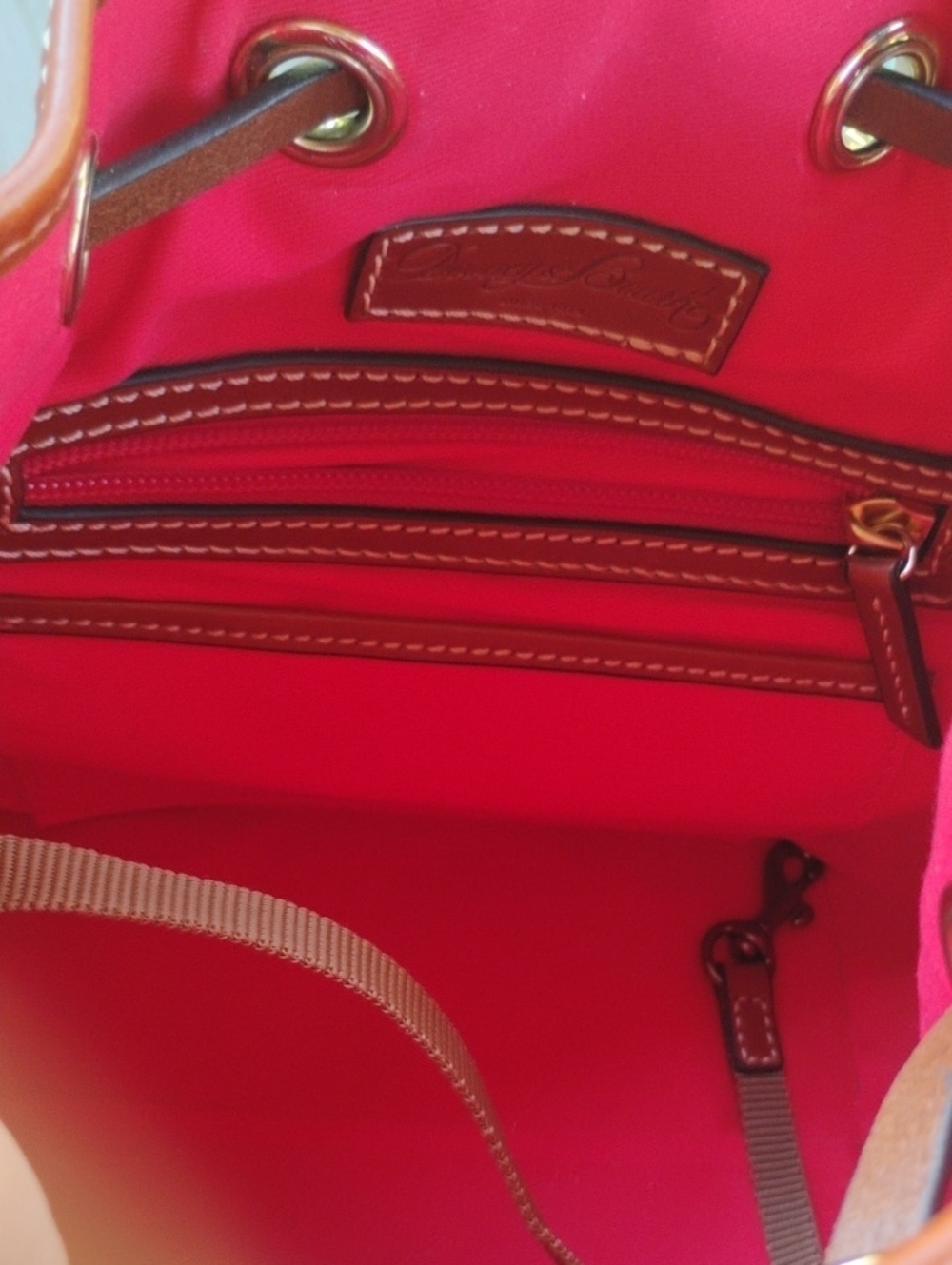 Dooney & Bourke Navy and Tan Pebble Leather Drawstring Bucket Shoulder Bag - Picture 8 of 10